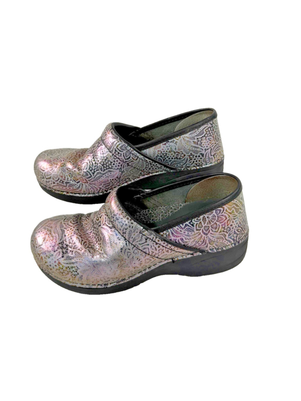 Dansko XP 2.0 Lacy Leather Embossed Floral Women's Clogs Metallic Shoes Size 39